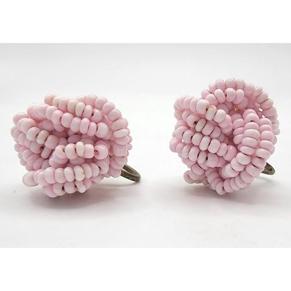 Beautiful Vintage Beaded Pink Cluster Screw On Earrings